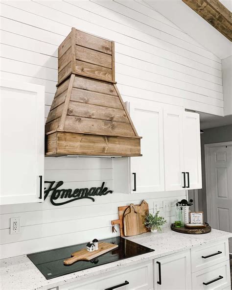 White Shiplap Walls with Rustic Wood Range Hood - Soul & Lane