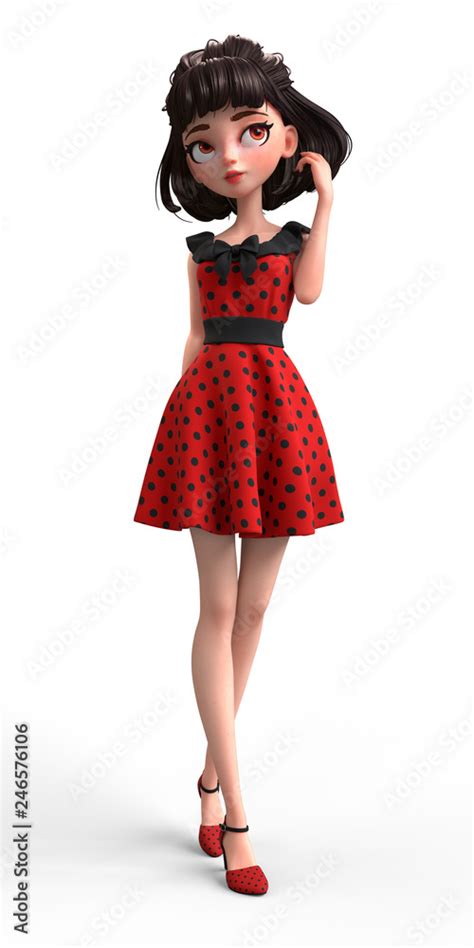 3d cartoon character of a brunette girl with big brown eyes. Beautiful cute cartoon fashion ...