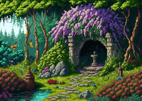 Pixel art fantasy garden in magic forest mystical garden background in ...