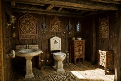 Medieval-style Toilet Interior With Toilet With Toilet Seat Up And ...