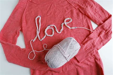 Using a crochet chain to add a word applique to a sweater - cute! Could ...