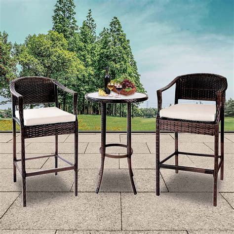 3 Pcs Patio Bar High Furniture Set, High Top Bistro Set with Soft Cushion, 2 Tall Bar Chairs and ...