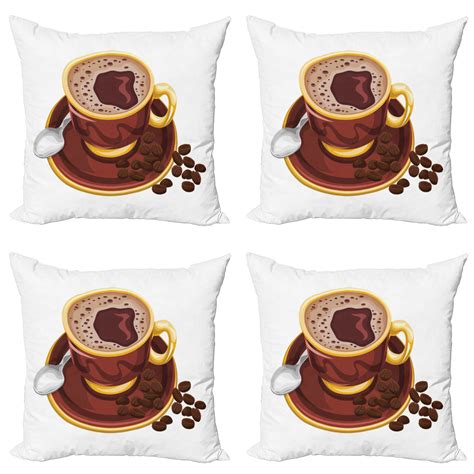 Coffee Throw Pillow Cushion Case Pack of 4, Graphic Image of a Foamy Cappuccino with a Spoon and ...