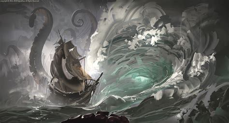 Gray boat on body of water illustration, digital art, artwork, Kraken, sea HD wallpaper ...