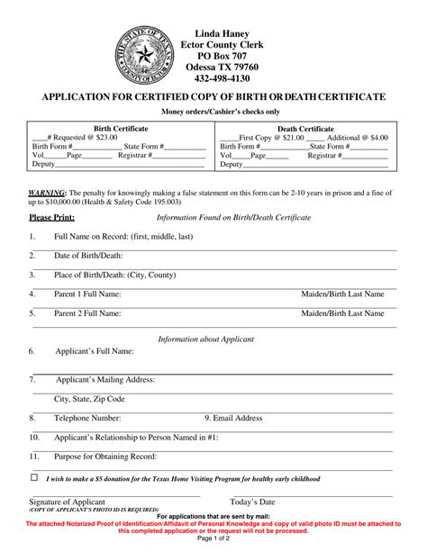 County of Ector, Texas Application Form for Certified Copy of Birth or ...