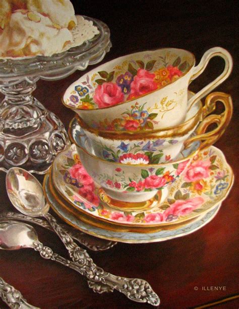 Delightful Anticipation stacked teacups teatime 20x16 inches oil painting by jeanne illenye for ...