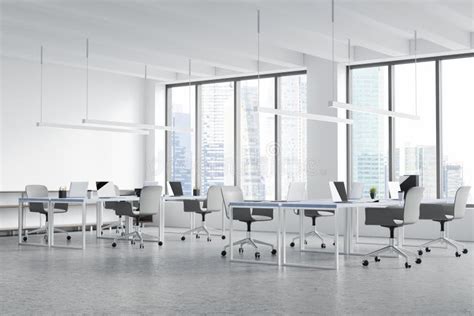 WHite and Grey Open Space Office with Linear Lights. Corner View Stock ...