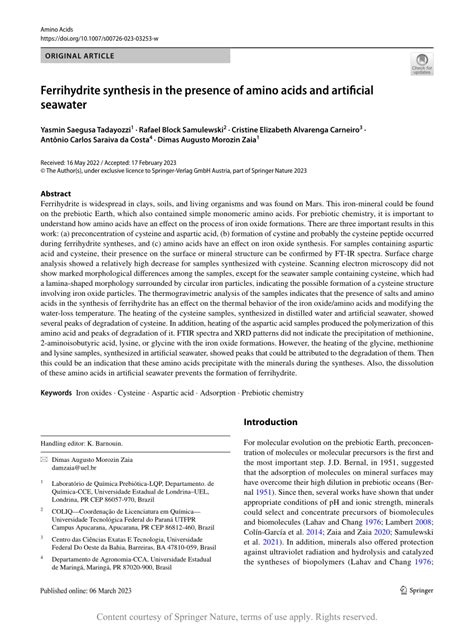 Ferrihydrite synthesis in the presence of amino acids and artificial seawater | Request PDF