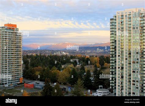 A modern skyline of the city of Surrey, Canada, featuring tall ...