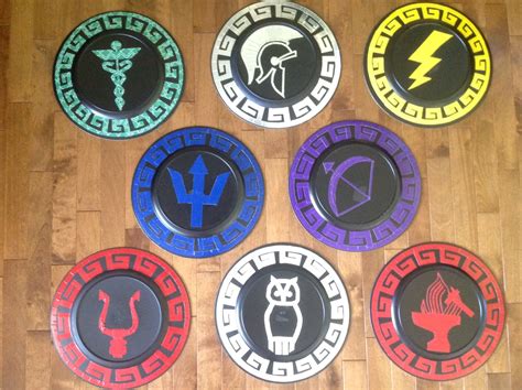 Percy Jackson-inspired shields. Hermes, Ares, Zeus, Poseidon, Artemis, Hades, Athena, and ...