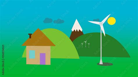 Wind energy concept. Cartoon animation showing how wind turbines produce small green village ...