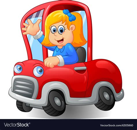 Cartoon happy girl driving a car Royalty Free Vector Image