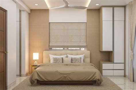 Brown Modern Spacious Master Bedroom Design With Fluted Wall Panels | Livspace