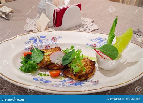 Potato Pancakes - Draniki - with Sour Cream, Herbs Stock Photo - Image ...