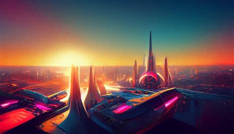 Premium Photo | Spaceship up to futuristic city neon ligths fractal architecture illustration