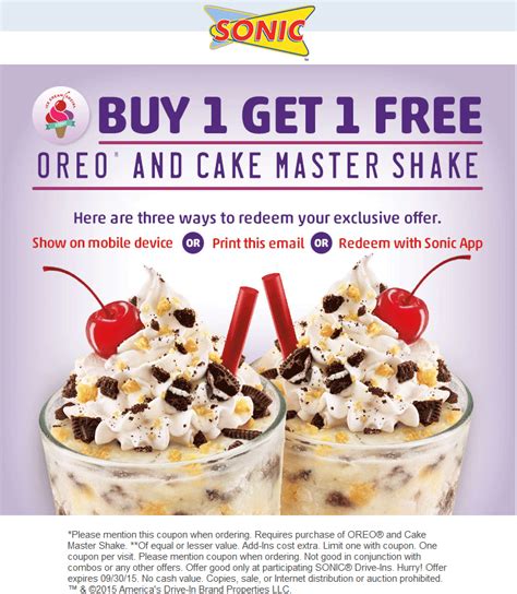 Sonic Drive-In Coupons - Second Oreo & cake milkshake free at Sonic ...