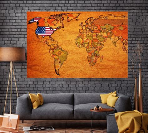 Old political map of world with flag of USA | World map wall art, Map canvas print, Map wall art