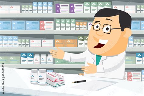 Pharmacist chemist man in pharmacy. Sale of vitamins and medications. Funny cartoon vector ...