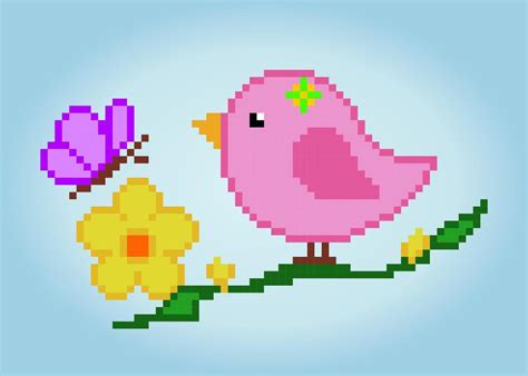 Pixel 8 bit bird on tree. Animal game assets in vector illustration ...