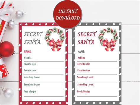 CHRISTMAS CLEARANCE Secret Santa Printable Sign Up Sheet | Etsy