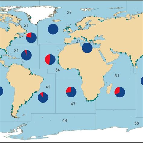 World map of the FAO major fishing areas with pie charts inset within ...