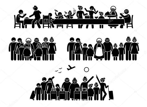 Big family and relatives reunion, gathering and activities. Stick figure pictogram depicts ...