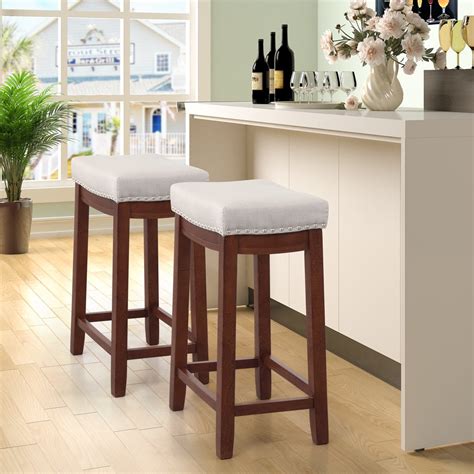 24" Bar Stools with Upholstered Seat, Counter Height Bar Stools Set of 2, Wood Backless Bar ...