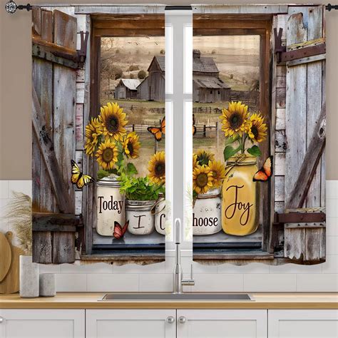 Amazon.com: Famiffty Sunflower Vintage Country Kitchen Curtains 27.5W X 39L Inch 2 Panels Rod ...