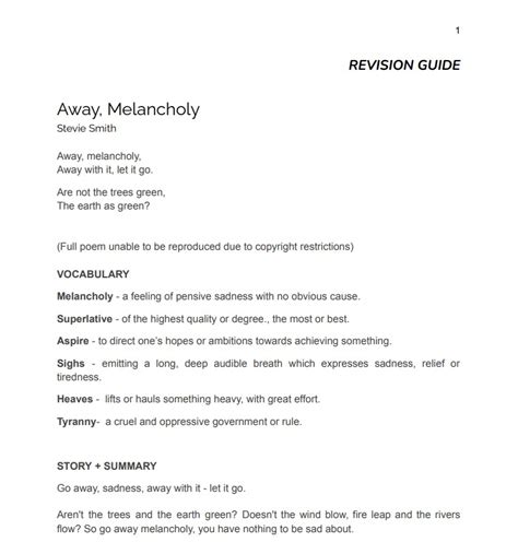 'Away, Melancholy' by Stevie Smith - Complete Study Guide | Teaching Resources