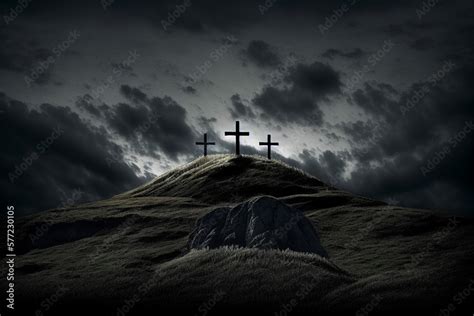 three crosses on Golgotha near Jerusalem, the death of Jesus, the ...