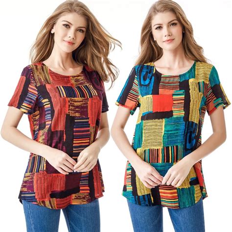 Bohemia Style T Shirt Vintage Colorful Stripe Printed Round Neck Short Sleeve Shirt For Women ...