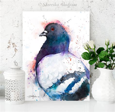 Pigeon watercolor painting print by Slaveika Aladjova, animal ...