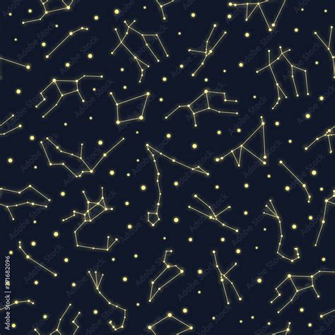 Zodiac star constellations seamless pattern. Yellow glowing stars on ...