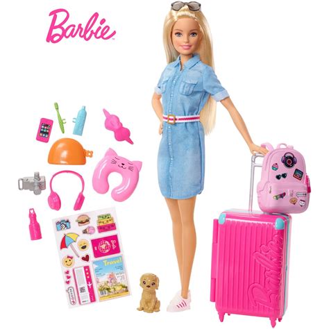 Barbie Doll and Travel Set with Puppy, Luggage & 10+ Accessories ...