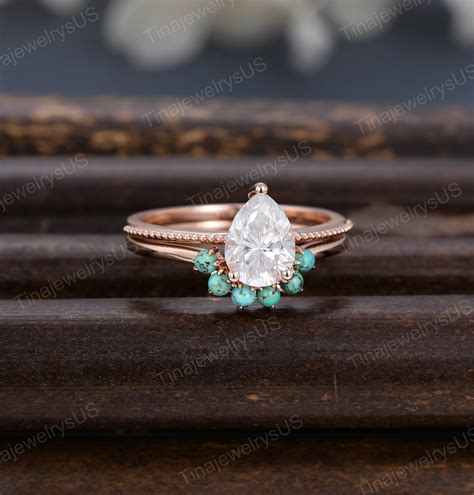 Vintage Pear Shaped Moissanite Engagement Ring Set Rose Gold Unique Solitaire Engagement Ring ...