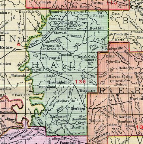 Hale County, Alabama, Map, 1911, Greensboro, Akron, Moundville, Newbern