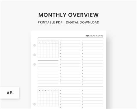 A5 Inserts : Monthly Overview, Printable Planner, Monthly Insert, Monthly Calendar, Undated ...