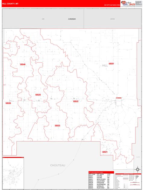 Hill County, MT Zip Code Wall Map Red Line Style by MarketMAPS - MapSales