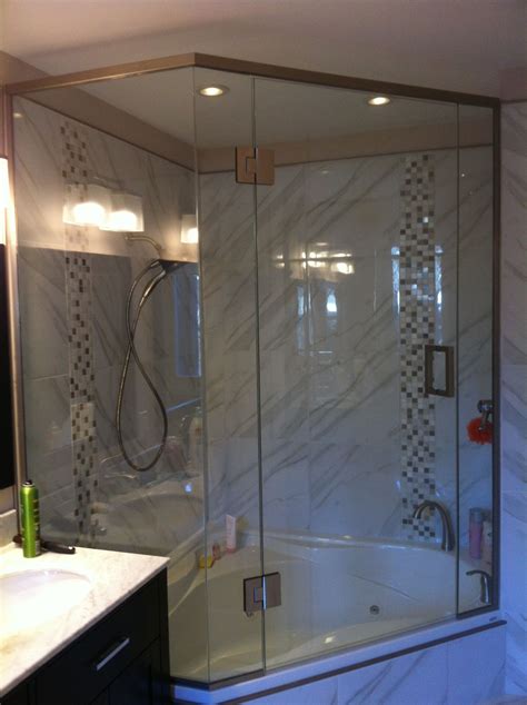 Shower enclosure above neo angle jacuzzi tub , Square hardware brushed Nickle finish | Bathroom ...