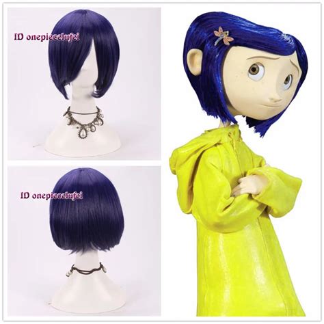 free shipping Coraline cosplay wig short bob straight blue purple hair Halloween full wigs+a wig ...