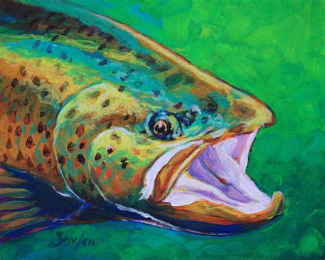 Spring Time Brown Trout- Fly Fishing Art Painting by Savlen Art