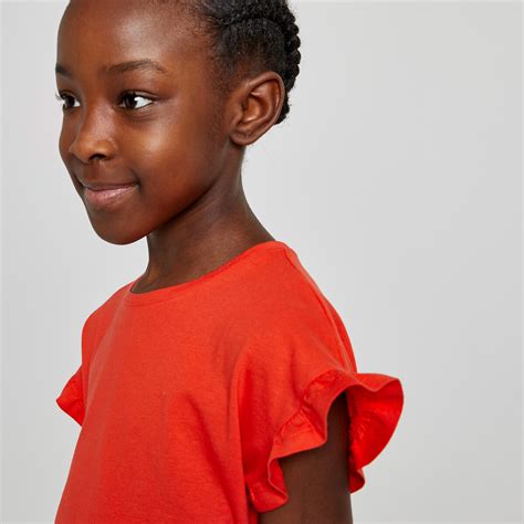 Pack of 2 t-shirts in cotton with short ruffled sleeves, orange + navy blue, La Redoute ...