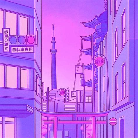 Pastel city pop japanese scenery. Lilac purple wallpaper. Citypop anime aestethic landscape ...