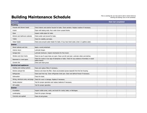 Building Maintenance Schedule Excel Template – planner template free