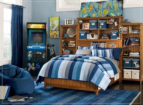 Blue Teen Boys Room with Stand Up Arcade Games and Mural Poster ...