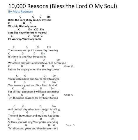 Chord chart for 10,000 Reasons (Bless the Lord O My Soul) by Matt Redman - Messianic Chords