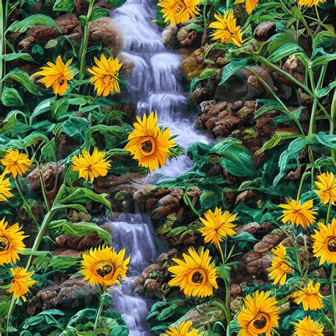 Waterfall Sunflowers Digital Graphic Hyper Realistic Detail · Creative Fabrica