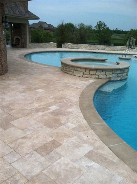 contrasting coping with travertine pavers | Travertine pool, Travertine pool decking, Pool pavers