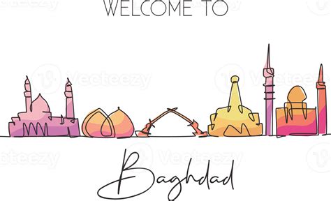 Single continuous line drawing of Baghdad city skyline, Iraq. Famous ...