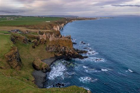 Aerial View with Dunluce Castle, the Famous Fortress in Ruin in ...